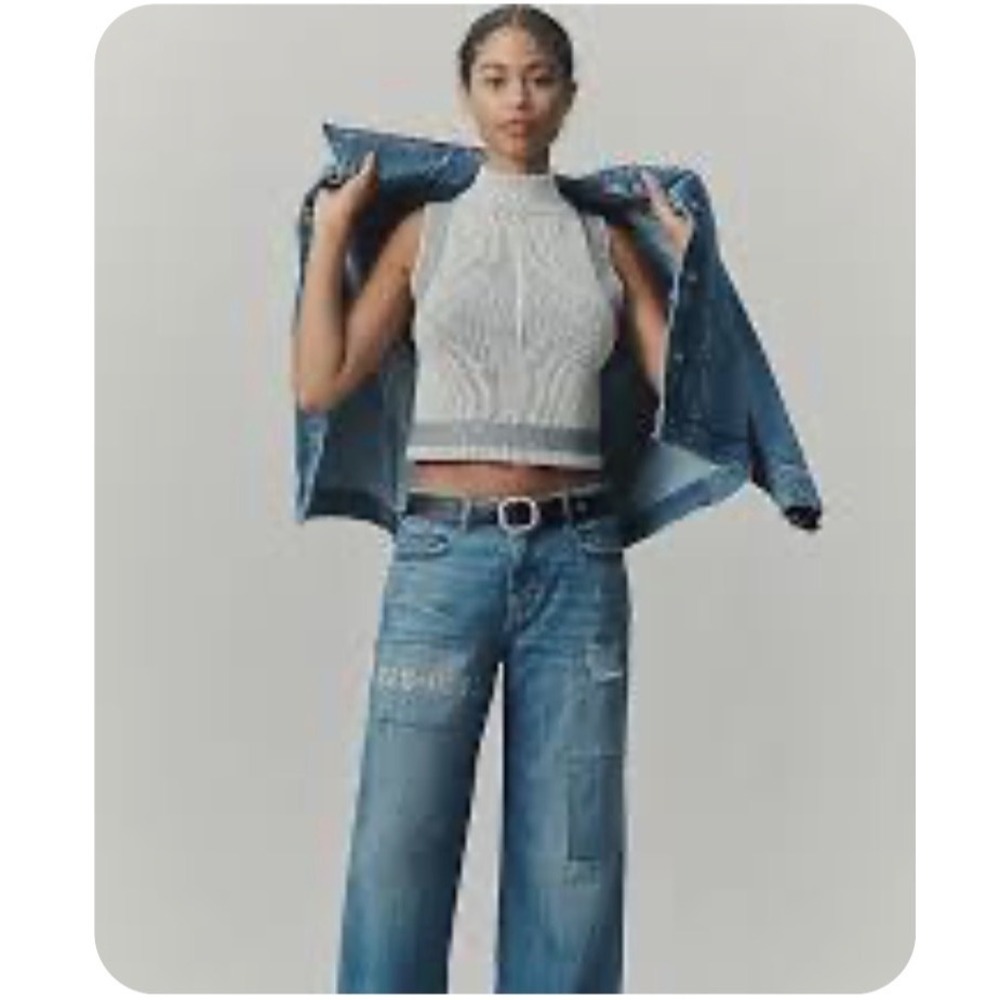 Pilcro Anthropologie Low Rise Wide Leg Distressed Jeans Med Blue Size 30 - Picture 2 of 11